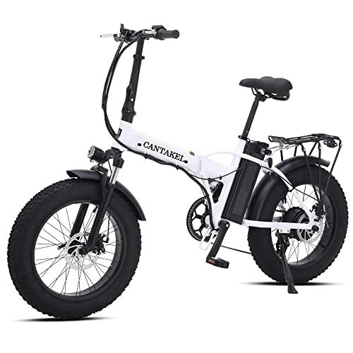 Vélos électriques : CANTAKEL Vélo Électrique, Vélo Électrique Tout-Terrain à Gros Pneus de 20 Pouces / Vélo Électrique de Montagne Pliable avec Batterie Cachée Amovible 48V 15Ah (Blanc)