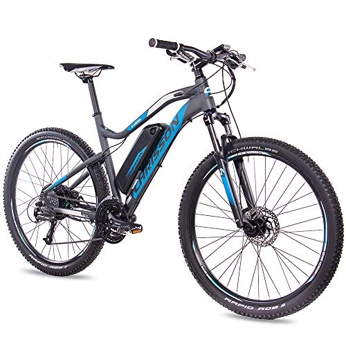 Vélos électriques : CHRISSON Vélo de montagne électrique 27, 5" - E--Weger gris bleu 53 cm - Vélo électrique pour homme et femme - Dérailleur Shimano Altus 27 vitesses - Pedelec avec moteur arrière Bafang 250 W, 45 Nm