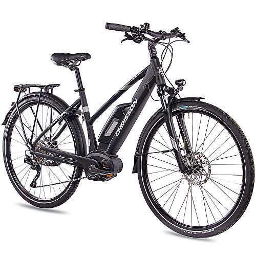 Vélos électriques : CHRISSON Vélo de trekking et de ville pour femme 28" E-Actourus Noir mat – Vélo électrique – 10 vitesses Shimano Deore – Pedelec avec moteur central Performance Line 250 W 63 Nm