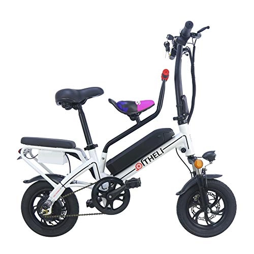 Vélos électriques : CJCJ-LOVE Vélo Électrique Vélo Pliant, 12Inch 48V / 8Ah / 350W Parent-Enfant À Vélo Tandem Vélos avec Batterie Au Lithium E-Bike, Blanc