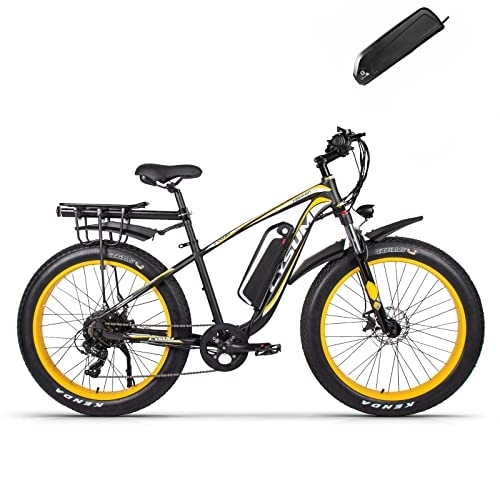 Vélos électriques : cysum M980 Vélo de Montagne électrique 26 Pouces, Batterie Lithium-ION 48 V / 17 Ah, Shimano 7 Vitesses, vélo de Montagne électrique pour Adulte (Jaune - Double Batterie)