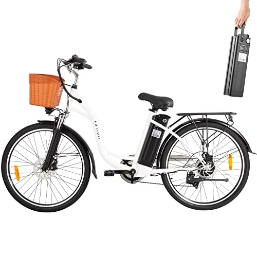 Vélos électriques : DYU Vélo Électrique, 26 Pouces Vélo Électrique avec Dérailleur Shimano 6 Vitesses, 36V 12, 5Ah Batterie Amovible, Smart Urban E-Bike avec Panier, Pédalage Assisté, Hauteur Réglable, Adulte Unisexe