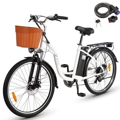 Vélos électriques : DYU Vélo Électrique, 26 Pouces Vélo Électrique avec Dérailleur Shimano 6 Vitesses, 36V 12, 5Ah Batterie Amovible, Smart Urban E-Bike avec Panier, Pédalage Assisté, Hauteur Réglable, Adulte Unisexe (Blanc)