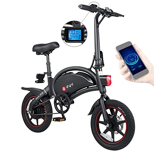 Vélos électriques : DYU Vélo électrique pliable de 14 pouces - Avec commande par application - Batterie de 36 V 10 Ah - Affichage LCD - Portée de 25 km / h - Moteur de 250 W - Double frein à disque - 3 modes de conduite
