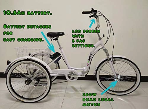 Vélos électriques : E-Scout Tricycle électrique, Cadre Repliable, Moteur 250w, Assistance par pédale, Cadre en Alliage, Trike électrique (Blanc)