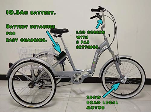 Vélos électriques : E-Scout Tricycle électrique, Cadre Repliable, Moteur 250w, Assistance par pédale, Cadre en Alliage, Trike électrique (Gris)