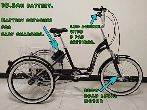 Vélos électriques : E-Scout Tricycle électrique, Cadre Repliable, Moteur 250w, Assistance par pédale, Cadre en Alliage, Trike électrique (Noir)