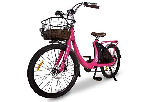 Vélos électriques : Easy-Watts Vélo à Assistance Électrique Femme VAE avec Panier en Osier e-Wave Finitions Cuir 250 Watts 10 Ah 50 km d'autonomie 25 km / h (Rose)