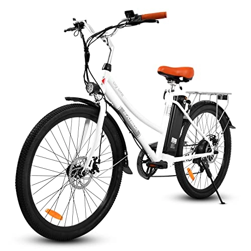 Vélos électriques : F-wheel vélo électrique pour Femme - 26 Pouces Vélo de Ville, Batterie Lithium-ION 36V / 10Ah Amovible, Shimano 7 Vitesses, avec étagères, e-Bike Urbain pour Adulte (Blanc)