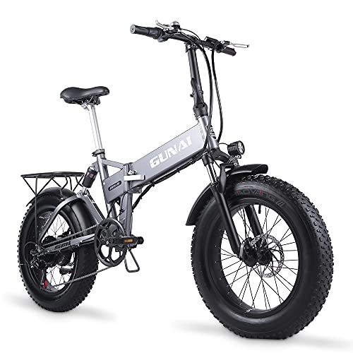 Vélos électriques : GUNAI Vélo de Neige électrique 20 Pouces 500W VTT Pliant avec Batterie au Lithium 48V 12.8AH avec siège arrière et Frein à Disque (Argent)