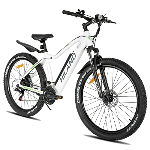 Vélos électriques : HILAND Vélo électrique 26" Fat Tire Aluminium E-MTB Vélo électrique VTT électrique Shimano 21 vitesses et moteur arrière pour homme et femme 25 km / h Blanc