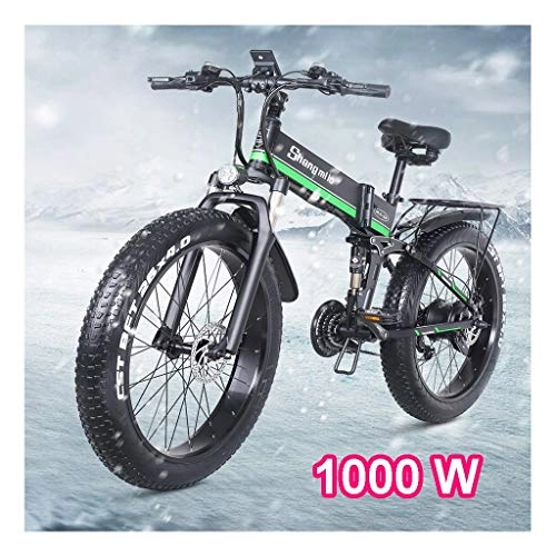 Vélos électriques : HOME-MJJ Adulte Pliable vélo électrique 48V 1000W Commute E-Bikes avec Batterie au Lithium Amovible 21 Intelligente vélo électrique avec Double Disque de Frein (Color : Green, Size : 48V-12.8Ah)