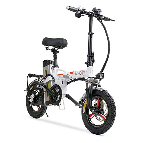 Vélos électriques : Hxl 14 Pouces Vélo électrique Pliant 400w Adulte Vélo de Montagne 48v 8ah Batterie au Lithium Amovible avec Pédale Auxiliaire Double Frein à Disque, Blanc