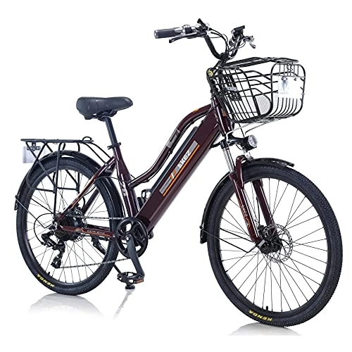 Vélos électriques : Hyuhome Vélo électrique de 66 cm pour femme et adulte, 36 V, tout terrain avec batterie lithium-ion amovible pour vélo en plein air, voyage, entraînement (marron)