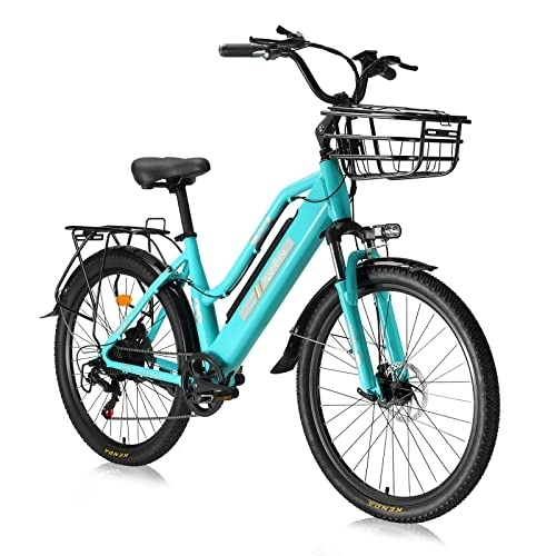 Vélos électriques : Hyuhome Vélo électrique pour femme 26", vélo électrique pour adulte, vélo électrique avec circuit Shimano 7 vitesses, vélo électrique avec batterie 36 V 10 Ah pour les trajets et les voyages (vert)