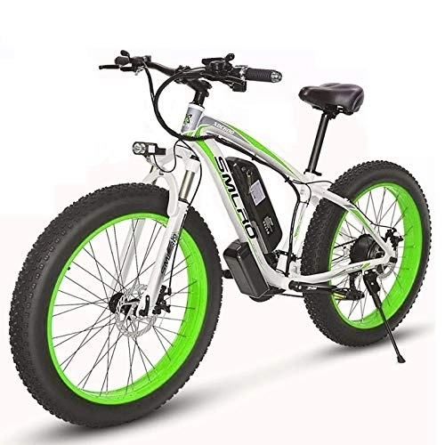 Vélos électriques : JUYUN Vélo électrique pour Adulte 350W Vélo Urbain Montagne, 26'' Gros Pneu VTT Vélo Électrique Batterie au Lithium 48V15Ah Neige Plage Cruiser, Frein à Disque, 21 Vitesse, White Green