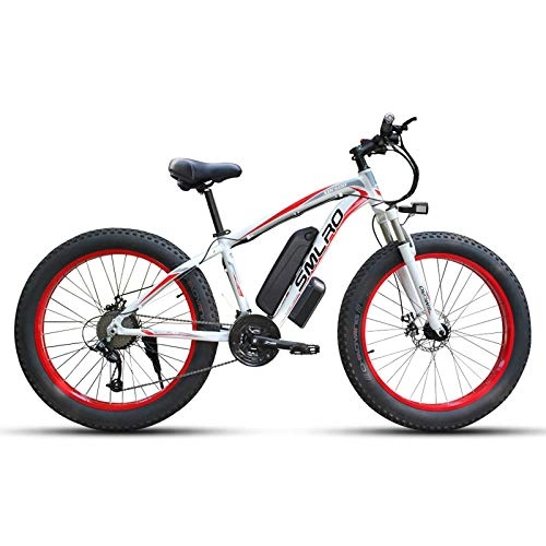 Vélos électriques : JUYUN Vélos électriques pour Adulte 350W Vélo de Montagne, 26 Pouces Grand Pneu Vélo Électrique Batterie au Lithium 48V15Ah Neige Plage Cruiser, Frein à Disque, 21 Vitesse, White Red