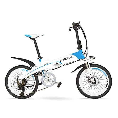 Vélos électriques : LANG TU Vélo électrique Pliant d'assistance de pédale, Batterie au Lithium-ION intégrée de, Jante en Alliage d'aluminium & Cadre, dégagement Rapide de la Roue Avant (Bleu Blanc, 240W 10Ah)