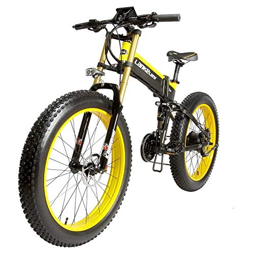 Vélos électriques : LANKELEISI 26" Fat Tire Vlo Pliable Shimano 27 Vitesse Suspension lectrique 48 V 1000 W Snow Mountain E-Bike, 5inch LCD Compteur De Vitesse, Double Frein Disque Hydraulique (14AH Noir-Jaune)
