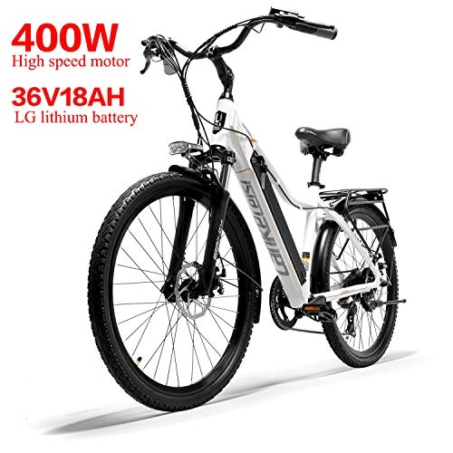 Vélos électriques : LANKELEISI 36V 18Ah 26 * 1.95 Pneu Retro City vélo électrique Shimano 7 Vitesses Suspension VTT E-Bike avec Moteur 400W, Suspension de Ressort d'huile en Alliage d'aluminium SR SUNTOUR(Blanc)