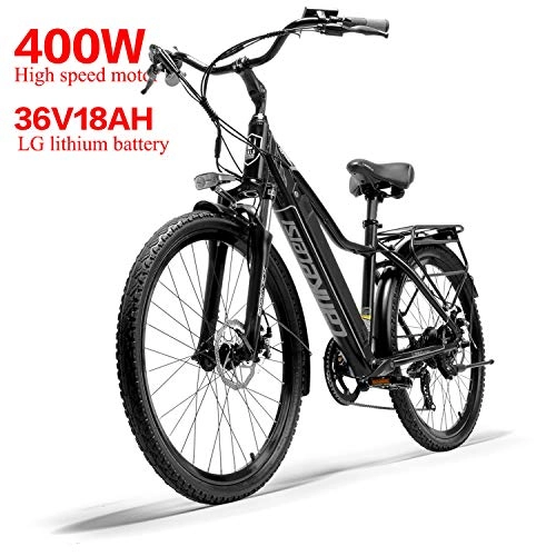 Vélos électriques : LANKELEISI 36V 18Ah 26 * 1.95 Pneu Retro City vélo électrique Shimano 7 Vitesses Suspension VTT E-Bike avec Moteur 400W, Suspension de Ressort d'huile en Alliage d'aluminium SR SUNTOUR(Noir)