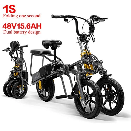 Vélos électriques : LANKELEISI 48V 15.6AH 350W Mini-Tricycle 2 Batteries Pliable Tricycle lectrique 14 Pouces 1 Seconde Tricycle lectrique Haut de Gamme Se Pliant Facilement