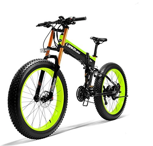 Vélos électriques : LANKELEISI 750PLUS 48v 14.5ah 1000W vélo électrique Complet 26"4.0 Grand Pneu VTT e-Bike Pliant Adulte antivol Femelle / mâle Mise à Niveau Grande Fourche (Vert)