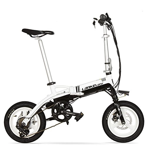 Vélos électriques : LANKELEISI A6 Mini Portable Pliant e vélo, vélo électrique de 14 Pouces, Moteur de 36V 400W, Jante en Alliage de magnésium, Fourche à Suspension (Noir Blanc, Plus 1 Batterie de Rechange)