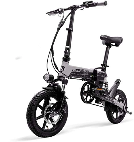 Vélos électriques : LANKELEISI G100 Mini vélo électrique Pliable Portable de 14 Pouces, Moteur Haute Vitesse 400W, Suspension Avant et arrière, avec écran LCD, Assistance à pédale à 5 Niveaux (Gris)