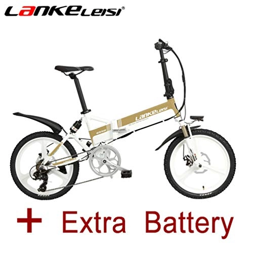 Vélos électriques : LANKELEISI G550 Scooter de vélo électrique pliant de 20 pouces 48V / 240W 10AH Batterie au lithium cachée Système de transmission SHIMANO Système de transmission à 7 vitesses, petite assistance électrique pour hommes Femmes (Or + Batterie supplémentaire)