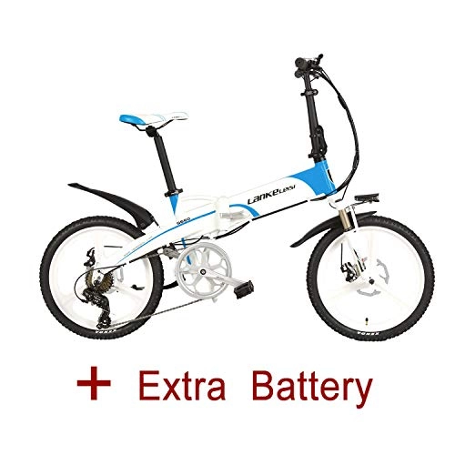 Vélos électriques : LANKELEISI G660 Vélo électrique pliant de 20 pouces, 48V / 240W 10.4Ah, Batterie au lithium 7 vitesses d'assistance électrique-5 positions de vitesses mini VTT pour hommes Femmes (Blanc-Bleu + Batterie Extra)