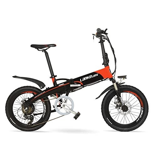 Vélos électriques : LANKELEISI G660 Vélo électrique Pliant de 20 Pouces 48V / 240W 10.4Ah Batterie au Lithium Vélo à Assistance électrique 7 Vitesses - 5 Positions de Vitesses Mini VTT (Noir-Rouge+Batterie supplémentaire)
