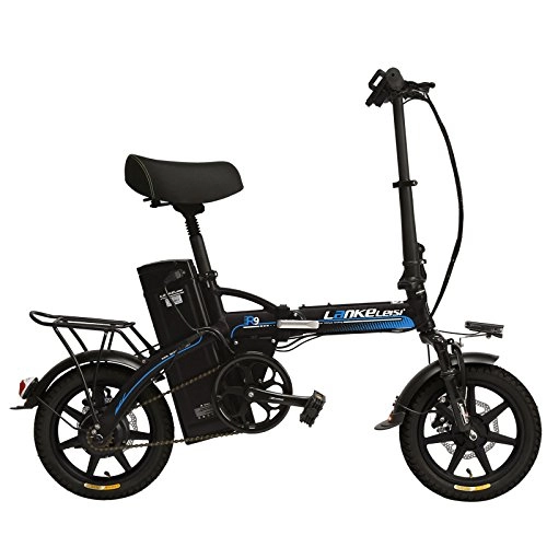 Vélos électriques : LANKELEISI R9 Portable 14 Pouces Se Pliant la Bicyclette électrique, Batterie au Lithium Forte de 48V 23.4Ah, Roue intégrée, Suspension EBike (Bleu, la Norme)