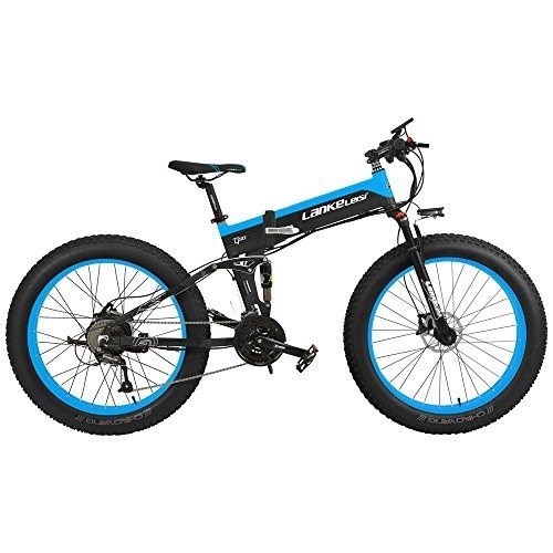 Vélos électriques : LANKELEISI T750Plus 27 Vitesses 26 * 4.0 Fat Bike, vélo électrique Pliant 1000W 48V 10Ah, Batterie au Lithium cachée, Suspension complète de vélo de Neige (Noir Bleu, 1000W Standard)