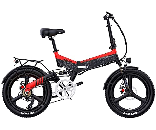Vélos électriques : LANKELEISI Vélo électrique pliable pour adulte, 50, 8 cm, avec moteur sans balais 400 W, 48 V, 10, 4 Ah / 12, 8 Ah / 14, 5 Ah, batterie au lithium 7 vitesses (noir rouge, 14, 5 Ah + batterie de rechange)