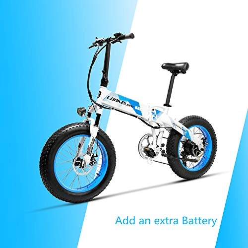 Vélos électriques : LANKELEISI X2000 20 '' 4.0 Pouces Gros Pneu 48V 1000W 12.8AH Fat Tire Cadre en Alliage d'aluminium Tire vélo électrique Pliable pour Montagne / Plage / Neige E-Bike (Bleu + 1 Extra Batterie)