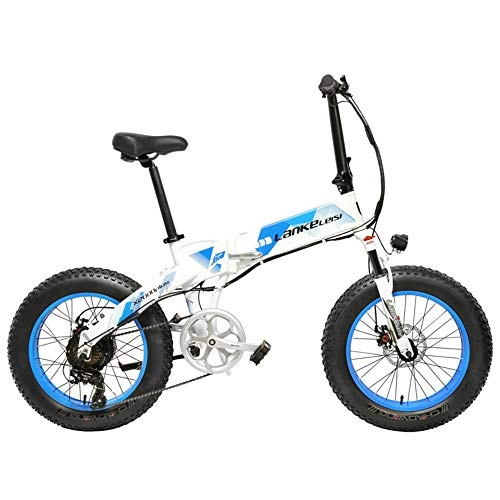 Vélos électriques : LANKELEISI X2000 20 Pouces Fat Bike Pliant Vélo Électrique 7 Vitesse Neige Vélo 48V 10.4Ah / 14.5Ah 1000 W Moteur en Alliage D'aluminium Cadre 5 Pas VTT (White Blue, 14.5Ah+1 Batterie de Rechange)
