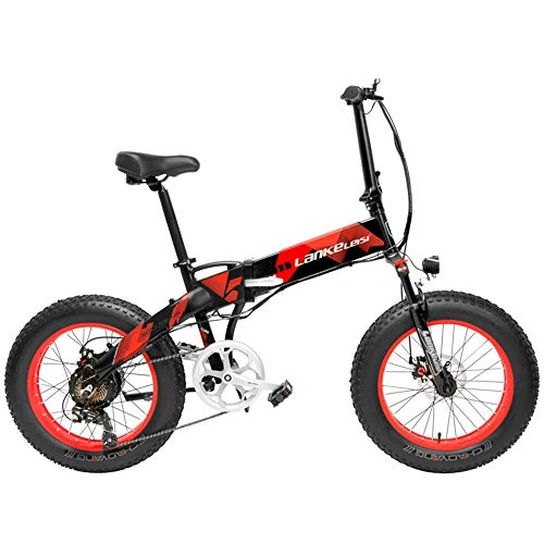 Vélos électriques : LANKELEISI X2000 20 Pouces Fat Bike Pliant Vélo Électrique 7 Vitesse Neige Vélo 48V 10.4Ah / 14.5Ah 500 W Moteur en Alliage D'aluminium Cadre 5 Pas VTT (Black Red, 14.5Ah)