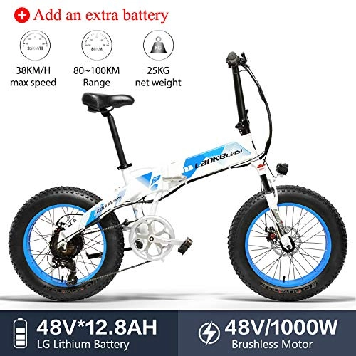 Vélos électriques : LANKELEISI X2000 20 x 4, 0 Pouces Gros Pneu 48V 1000W 12.8AH Cadre en Alliage d'aluminium Tire vélo électrique Pliable pour Adulte Femme / Homme pour Montagne / Plage / Neige (Bleu + 1 Extra Batterie)