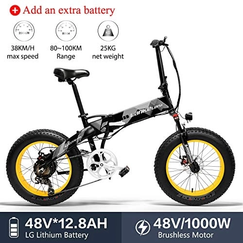 Vélos électriques : LANKELEISI X2000 20 x 4, 0 Pouces Gros Pneu 48V 1000W 12.8AH Cadre en Alliage d'aluminium Tire vélo électrique Pliable pour Adulte Femme / Homme pour Montagne / Plage / Neige(Jaune + 1 Extra Batterie)
