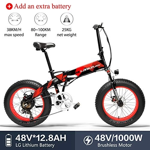 Vélos électriques : LANKELEISI X2000 20 x 4, 0 Pouces Gros Pneu 48V 1000W 12.8AH Cadre en Alliage d'aluminium Tire vélo électrique Pliable pour Adulte Femme / Homme pour Montagne / Plage / Neige (Rouge + 1 Extra Batterie)