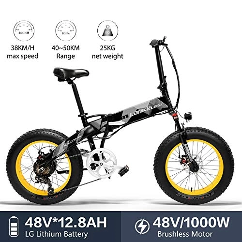 Vélos électriques : LANKELEISI X2000 20 x 4, 0 Pouces Gros Pneu 48V 1000W 12.8AH Fat Tire Cadre en Alliage d'aluminium Tire vélo électrique Pliable pour Adulte Femme / Homme pour Montagne / Plage / Neige E-Bike (Jaune)