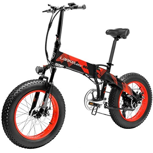 Vélos électriques : LANKELEISI X2000 7 Vitesse Pliant lectrique Vlo 48V 500W Moteur 20 * 4.0 Pouce Gros Pneu VTT Vlo De Neige Vlo Assist E-vlo pour Adulte (Red, 14.5Ah)