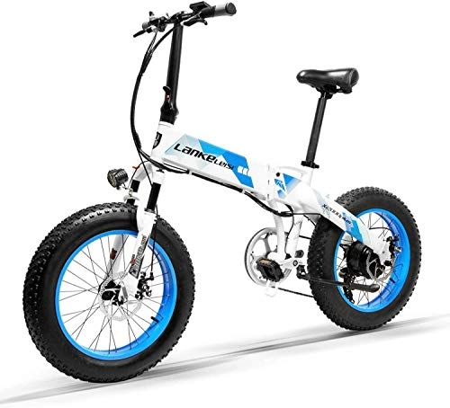 Vélos électriques : LANKELEISI X200020 Pouces Fat Bike e-Bike Pliant 7 Vitesses vélo de Neige 48V 10.4ah 500W Moteur Cadre en Alliage d'aluminium 5 Pas vélo de Montagne (Bleu)