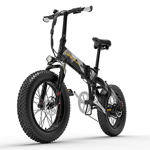Vélos électriques : LANKELEISI X2000plus 7 Vitesses vélo électrique Pliant 48V Batterie au Lithium cachée 20 * 4.0 Pouces Gros Pneu VTT Vélo Montagne Neige vélo pour Adulte (10.4Ah, Black Grey)