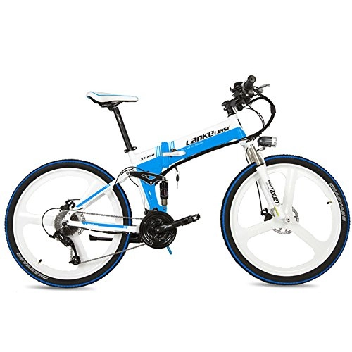 Vélos électriques : LANKELEISI XT750 240W 26"vélo de Montagne électrique Pliable, Roue intégrée, adoptent la Batterie au Lithium 36V 12.8Ah cachée, Vitesse 25~35km / h (Blanc Bleu, Plus 1 Batterie de Rechange)
