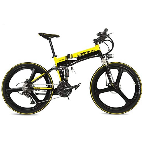 Vélos électriques : LANKELEISI XT750 240W Cool de Haute qualité 26"vélo de Montagne électrique Pliable, Roue intégrée, adoptent la Batterie au Lithium 36V 12.8Ah cachée, Vitesse 25~35km / h (Noir Jaune, la Norme)