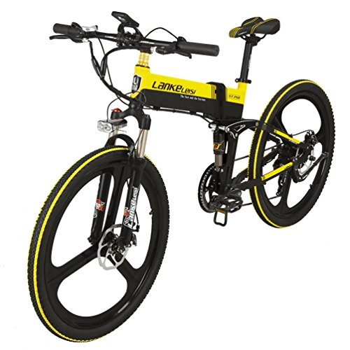 Vélos électriques : LANKELEISI XT750 - 26 pouces pleine suspension Ebike 48V pleine suspension 7 vitesses Lithium E-vlo montagne - moteur lectrique de vlo 240 Watt (Noir - jaune)