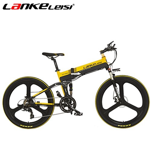 Vélos électriques : Lankeleisi Xt75066cm pliable Ebike 48V Full Suspension 7vitesses Lithium E-Bike MontagneVlo lectrique Moteur 240W, noir / jaune
