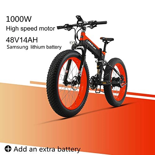 Vélos électriques : LANKELEISI XT750PLUS 48V 14AH 1000W Moteur Nouveau Tout-Puissant Vélo Électrique Puissant 26 '' 4.0 Gros Pneu Ebike 27 Vitesse Neige VTT Vélo Électrique Pliant (Rouge + 1 Extra Batterie)